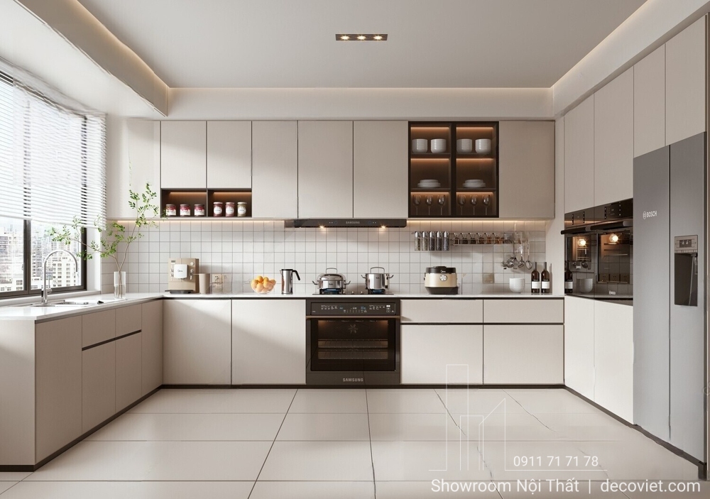 Tủ bếp chữ U hiện đại kích thước tiêu chuẩn