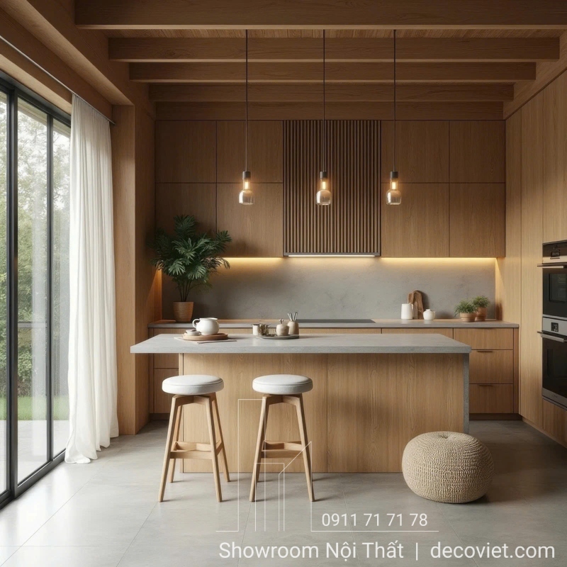 Tủ bếp có tích hợp đảo bếp giúp tăng diện tích sử dụng