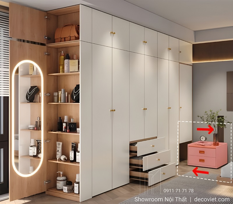 Mẫu tủ quần áo gỗ công nghiệp kết hợp kệ trang trí