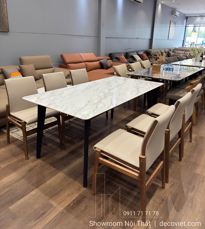 bàn ăn gỗ mặt đá 6 ghế cho chung cư nhà phố sang trọng