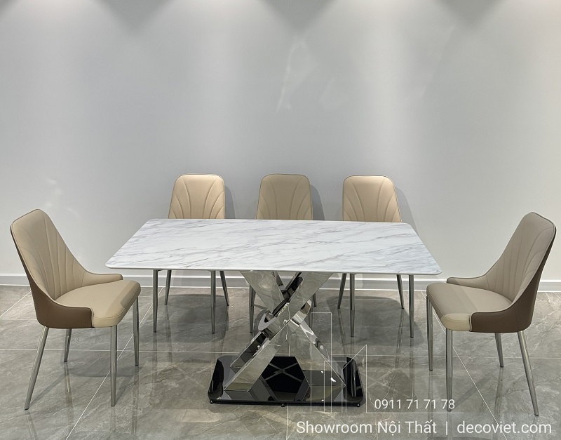 Bàn ăn 6 ghế inox mặt đá cẩm thạch cao cấp cho căn hộ