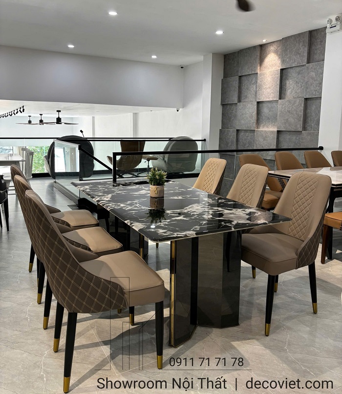 Bộ bàn ghế ăn 6 ghế cao cấp phối nệm da và lưng caro
