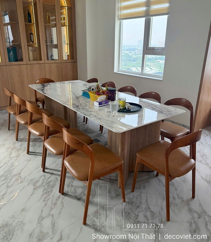 Bàn ăn gỗ dài 12 ghế mặt đá đẹp, phù hợp gia đình đông người