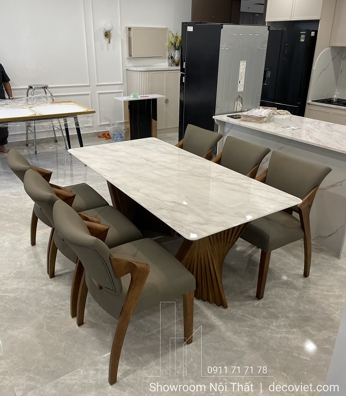 Bàn ăn gỗ Ash mặt đá cẩm thạch 6 ghế phong cách tân cổ điển sang trọng