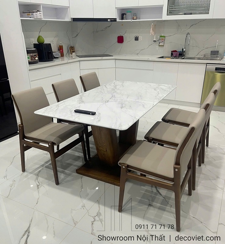 Bàn ăn gỗ sồi mặt đá cẩm thạch sang trọng 6 ghế
