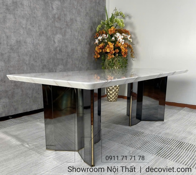 bàn ăn chân inox mặt đá