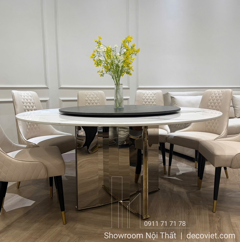 Bàn tròn 8 ghế chân inox mặt đá 2865S kết hợp ghế bọc da cao cấp