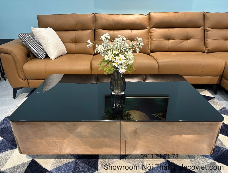 bàn sofa mặt kính đen thiết kế chân kim loại thời thượng