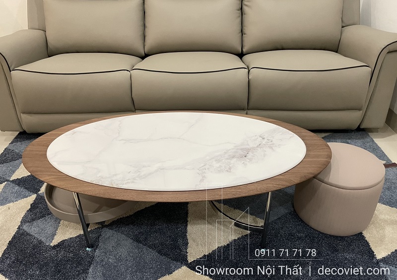 bàn sofa oval hiện đại có kệ lưu trữ tiện lợi và ghế đôn mini đi kèm