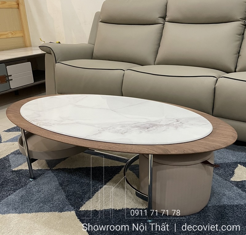 bàn trà đẹp mặt đá trắng 419S kiểu oval phối sofa da phòng khách
