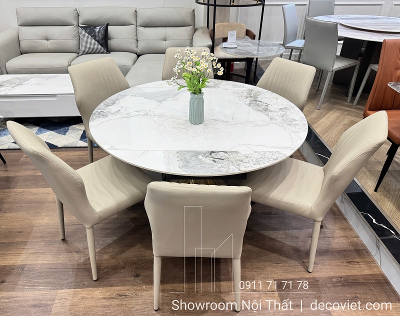 Bộ bàn ăn 6 ghế xoay thông minh, chân bàn mạ vàng sang trọng