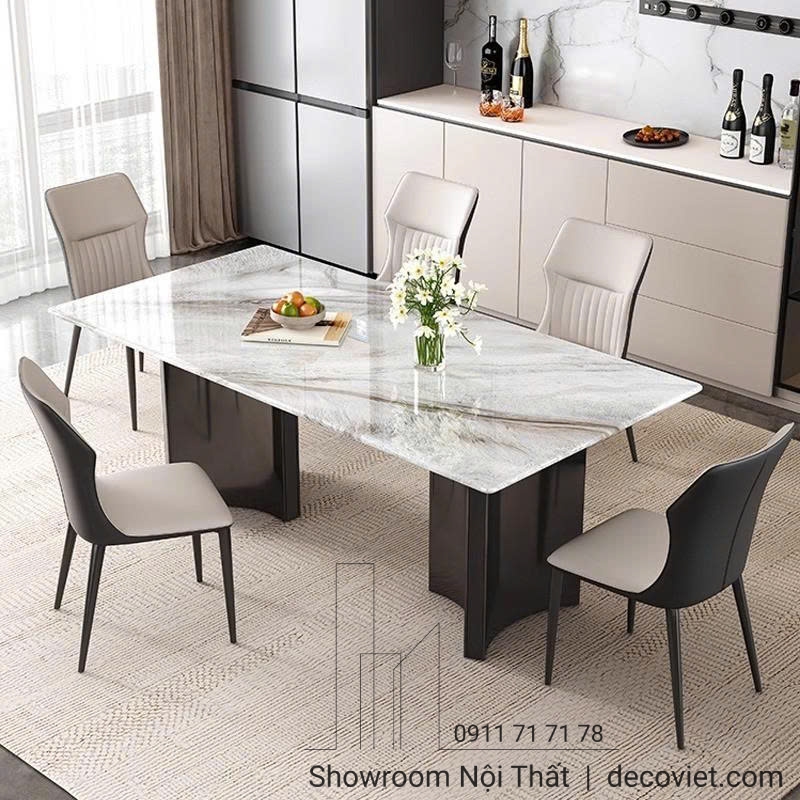 Bộ bàn ăn nhập khẩu 6 ghế mặt đá vân mây, ghế bọc da cao cấp, giá tốt.