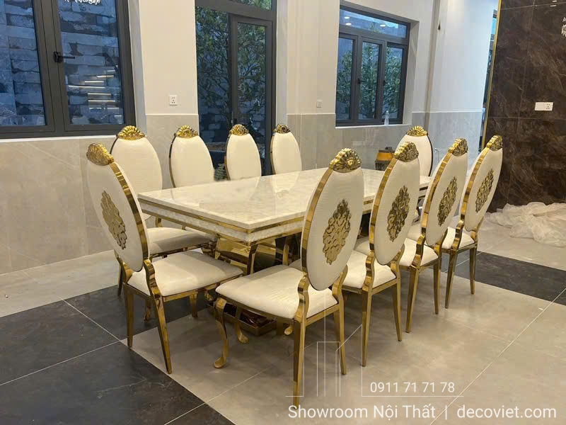 bàn ăn tân cổ điển 8 ghế mặt đá 2874S cho biệt thự, nhà phố