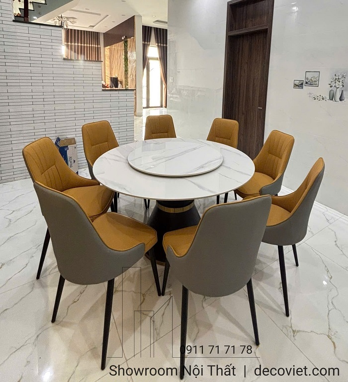 Bàn ăn 8 ghế chân sắt mặt đá xoay cao cấp 