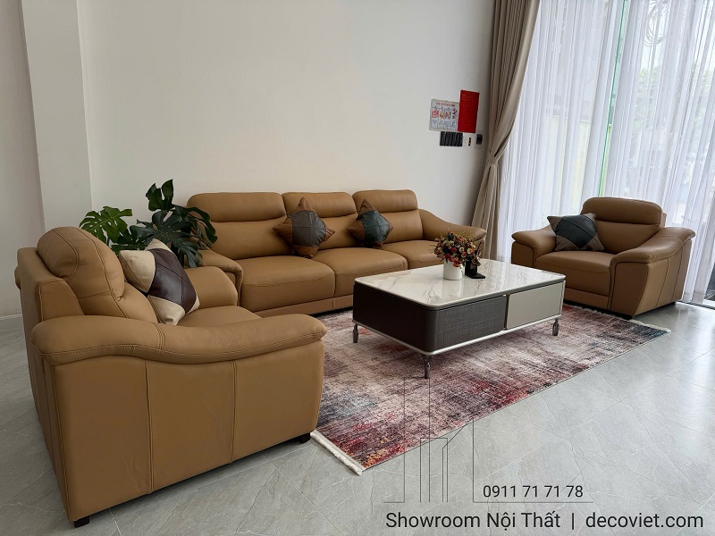 Sofa da bò thật êm ái, khung gỗ sồi chắc chắn, bền đẹp theo năm tháng