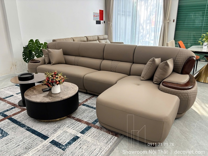 Bộ sofa gỗ bọc da tân cổ điển thiết kế chữ L tối ưu không gian