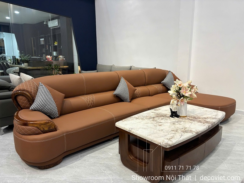 Sofa gỗ tự nhiên mun cao cấp bọc da bò thật kết hợp bàn trà mặt đá hiện đại