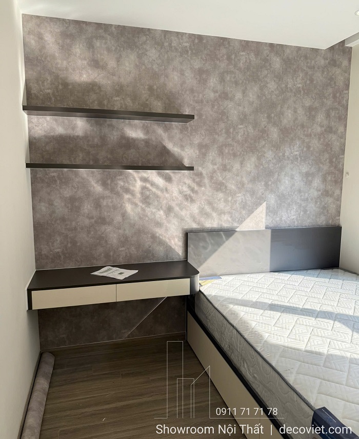 Thi công phòng ngủ nhỏ căn hộ Vinhomes với giường liền tủ và bàn học treo tường tiết kiệm diện tích