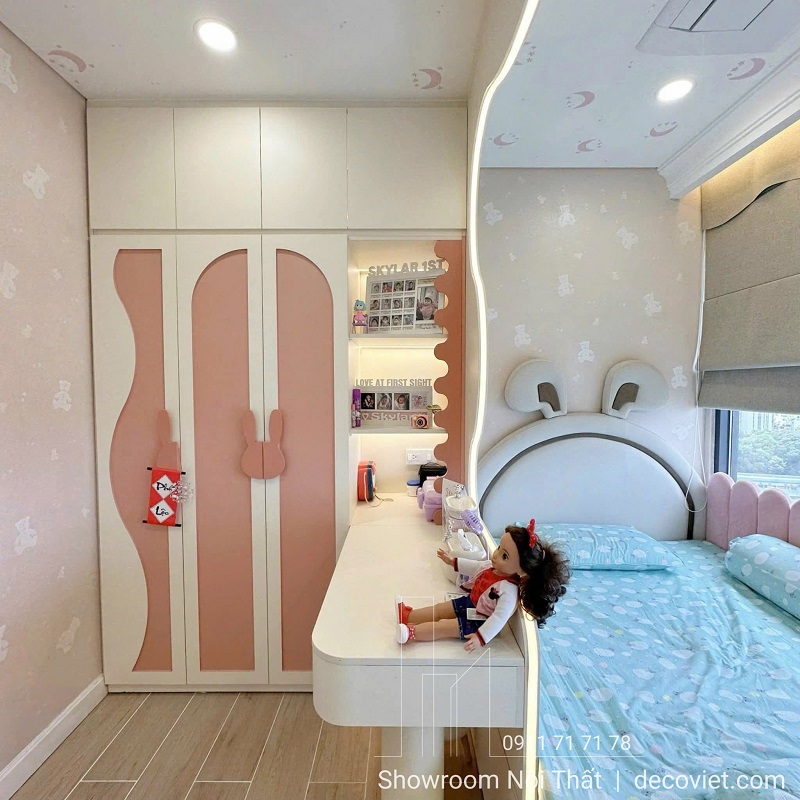 Nội thất phòng ngủ bé gái chung cư 74m2 với gam màu hồng pastel