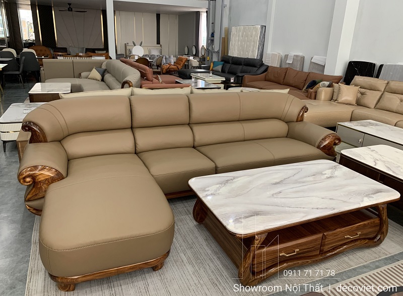 Sofa gỗ mun chữ L màu nâu kem đẳng cấp – nội thất phòng khách cao cấp