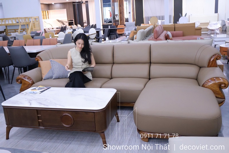 sofa gỗ tự nhiên mun da bò cao cấp 1053T phù hợp biệt thự sang trọng