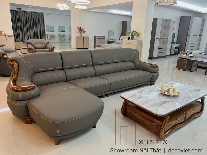sofa gỗ mun bọc da bò nhập khẩu tân cổ điển sang trọng