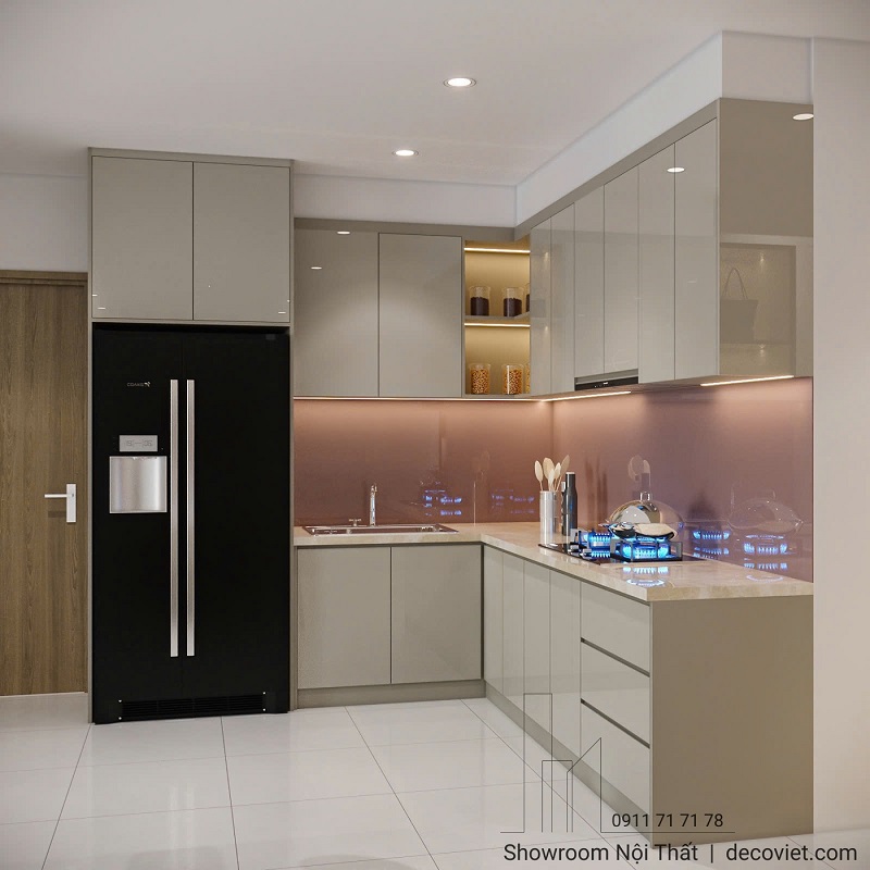 Thiết kế bếp chữ L căn hộ EastMark City tông màu sáng hiện đại