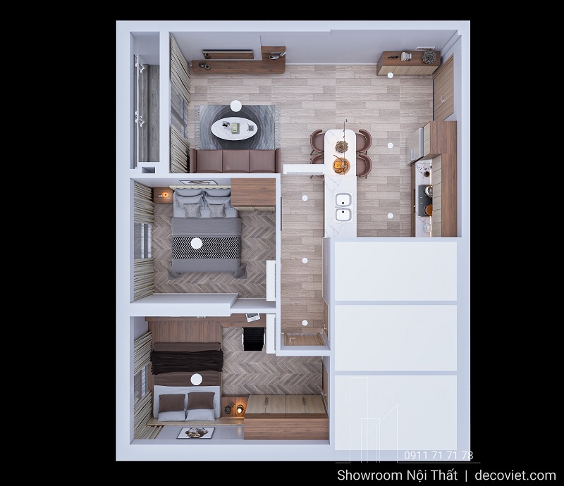 Mặt bằng nội thất 3D căn hộ Lumiere Boulevard 2 phòng ngủ