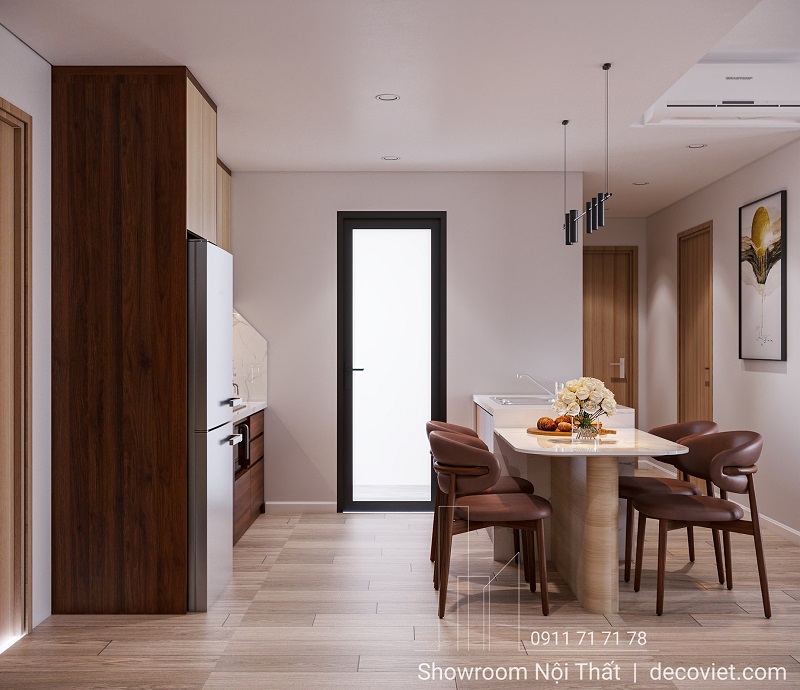 Thiết kế bếp kết hợp đảo bếp và bàn ăn hiện đại.