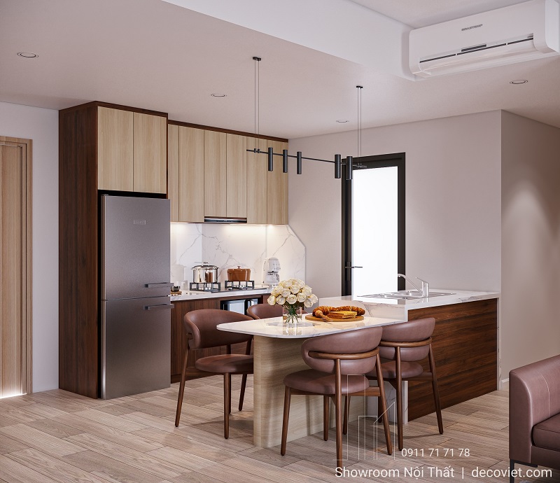 Tủ bếp gỗ sáng thiết kế gọn gàng cho căn hộ 2 phòng ngủ