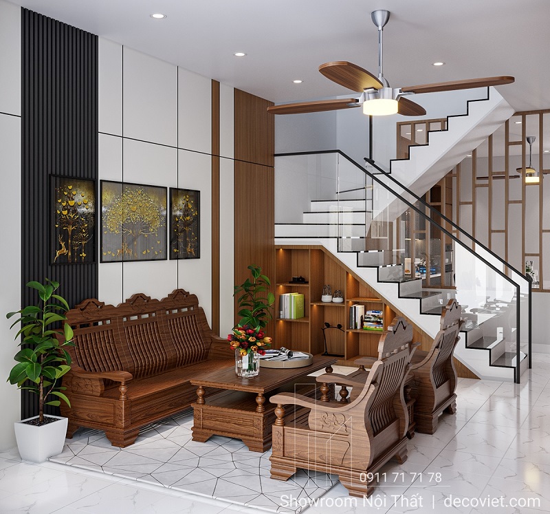 Thiết kế phòng khách liền kề cầu thang, tối ưu diện tích và công năng sử dụng