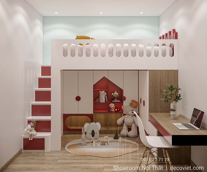 Giường tầng kết hợp tủ đồ và bàn học, tối ưu không gian phòng ngủ trẻ em.