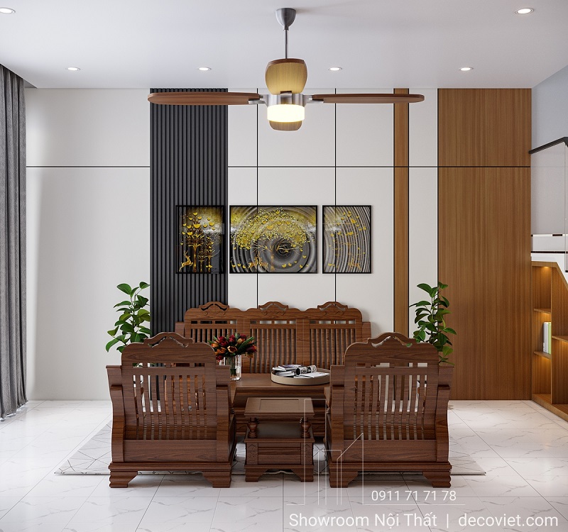 Bộ sofa gỗ tự nhiên kết hợp bàn trà, điểm nhấn tinh tế cho không gian phòng khách