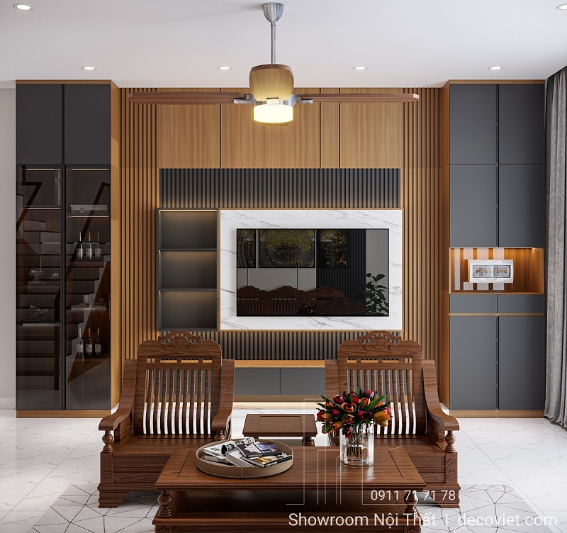 Góc nhìn nội thất phòng khách ấm cúng với sofa gỗ và tranh treo tường nghệ thuật