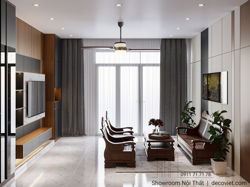 Không gian phòng khách nhà phố hiện đại, phối hợp hài hòa giữa gỗ tự nhiên và vật liệu mới
