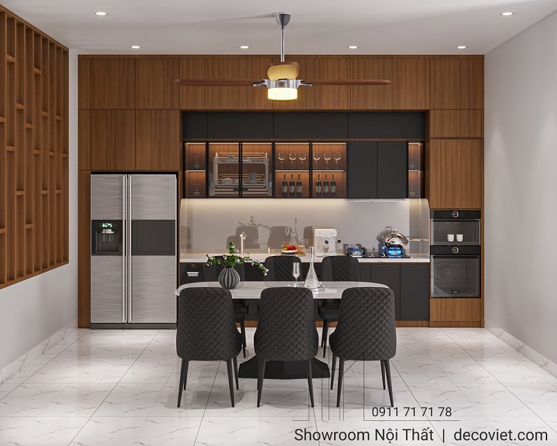 Không gian bếp hiện đại liền kề phòng ăn, tối ưu diện tích sử dụng cho nhà phố 5 phòng ngủ.