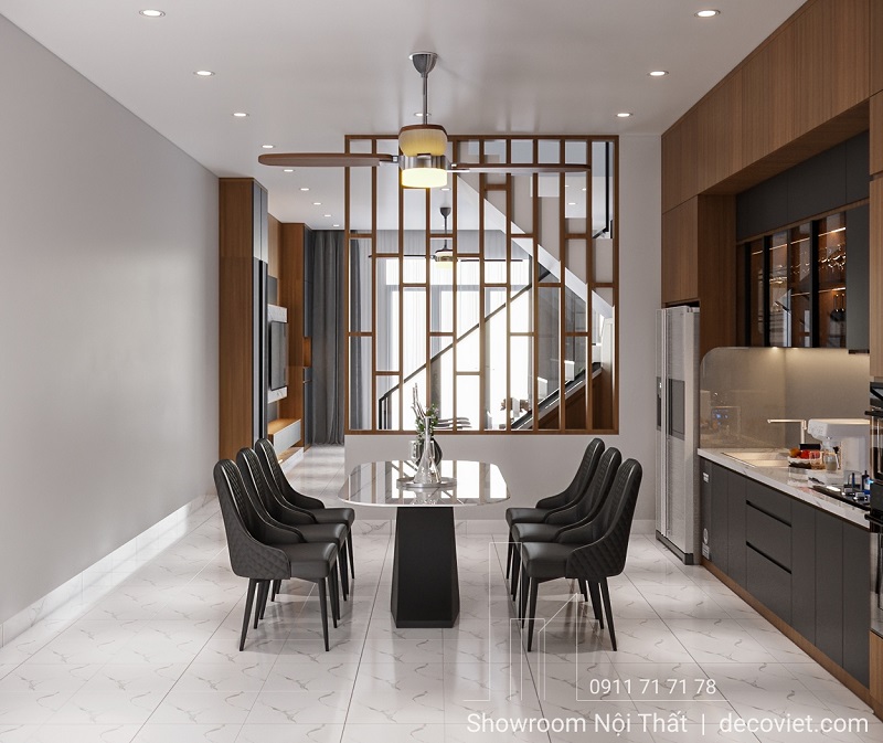 Tủ bếp gỗ công nghiệp kết hợp màu tối hiện đại, đầy đủ công năng và tiện ích.