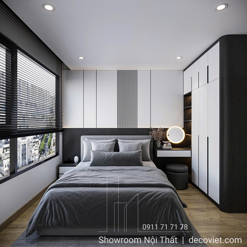 Phòng ngủ master căn hộ 2PN với giường lớn và ánh sáng dịu nhẹ