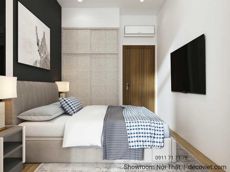 Thiết kế giường ngủ êm ái, màu sắc trung tính mang lại sự thư giãn.