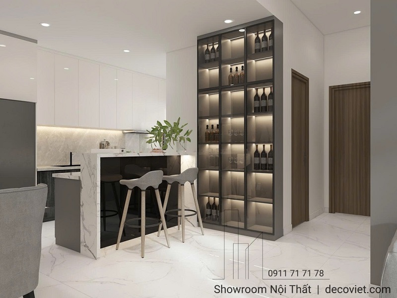 Thiết kế quầy bar bếp hiện đại, kết hợp tủ rượu trưng bày sang trọng.