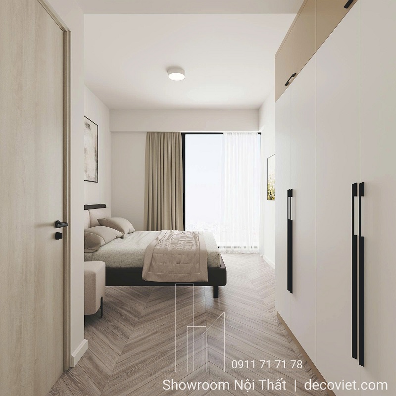 Nội thất phòng ngủ được bố trí gọn gàng, đủ đầy công năng mà không gây rối mắt. 