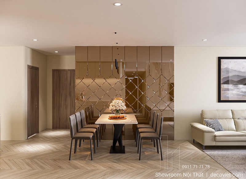 Thiết kế phòng khách bếp chung cư Sài Gòn Pearl tông sáng hiện đại