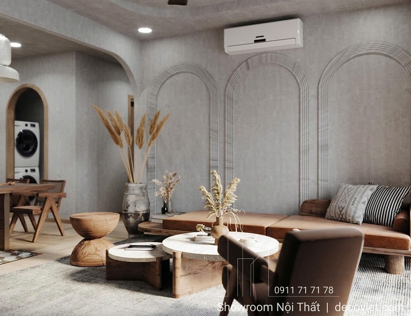 Sofa phòng khách phong cách Japandi kết hợp Farmhouse ấm cúng