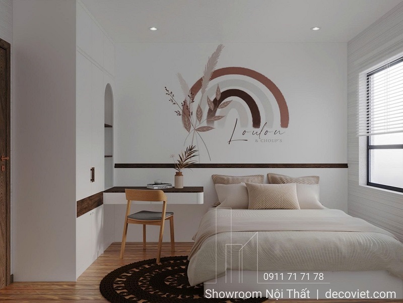  phòng ngủ phụ mang đến bầu không khí trẻ trung và tươi sáng nhờ vào gam màu trắng chủ đạo kết hợp cùng nâu gỗ