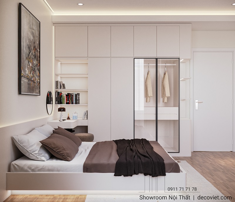 Thiết kế hệ tủ quần áo kịch trần tích hợp bàn trang điểm treo tường tiện nghi