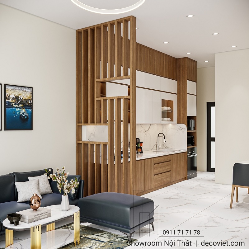 Góc nhìn tổng thể bếp và phòng khách liền mạch, tiện nghi.