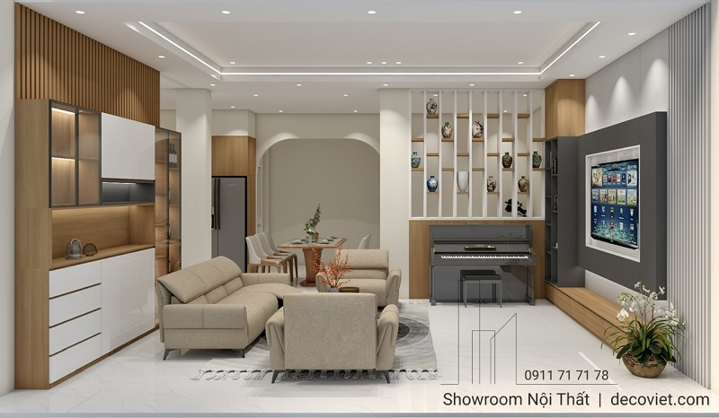 Phòng khách nhà phố hiện đại, sofa trung tính, bố trí gọn gàng.