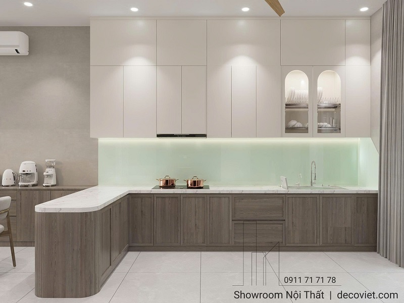 Thiết kế tủ bếp chữ L cho nhà phố 1 trệt 4 lầu
