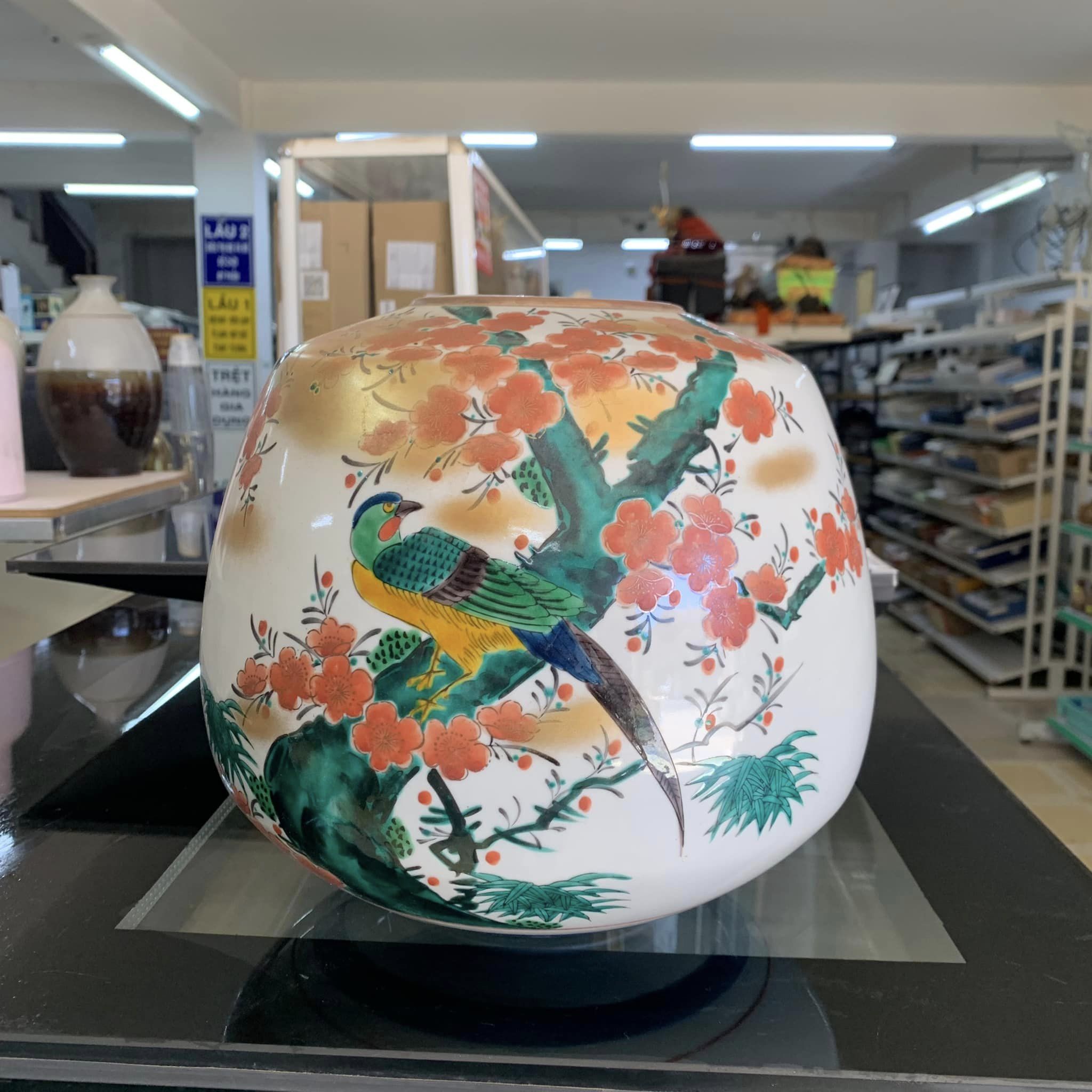 BÌNH HÚT TÀI LỘC MEN TRẮNG VẼ CHIM TRĨ HOA ĐÀO