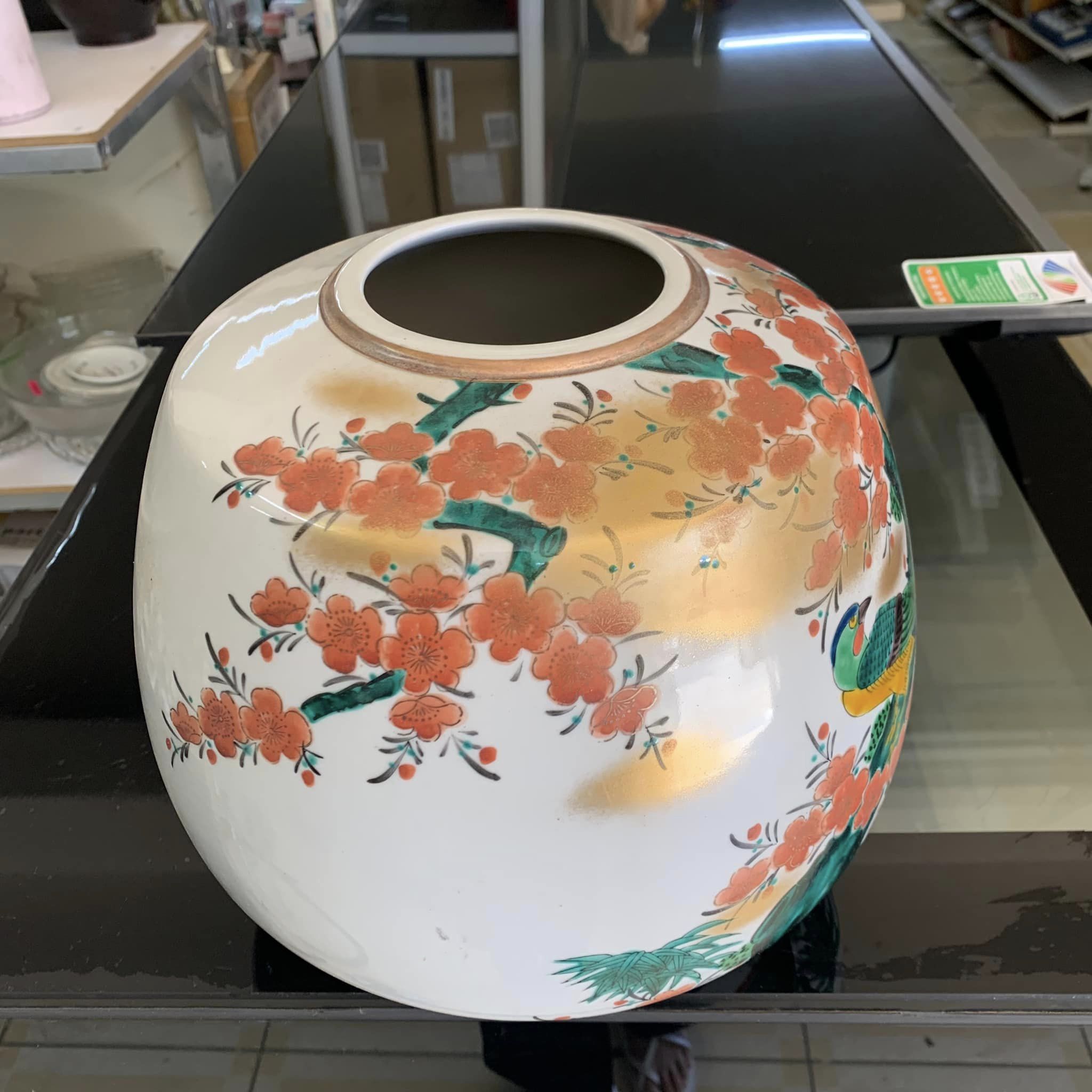 BÌNH HÚT TÀI LỘC MEN TRẮNG VẼ CHIM TRĨ HOA ĐÀO